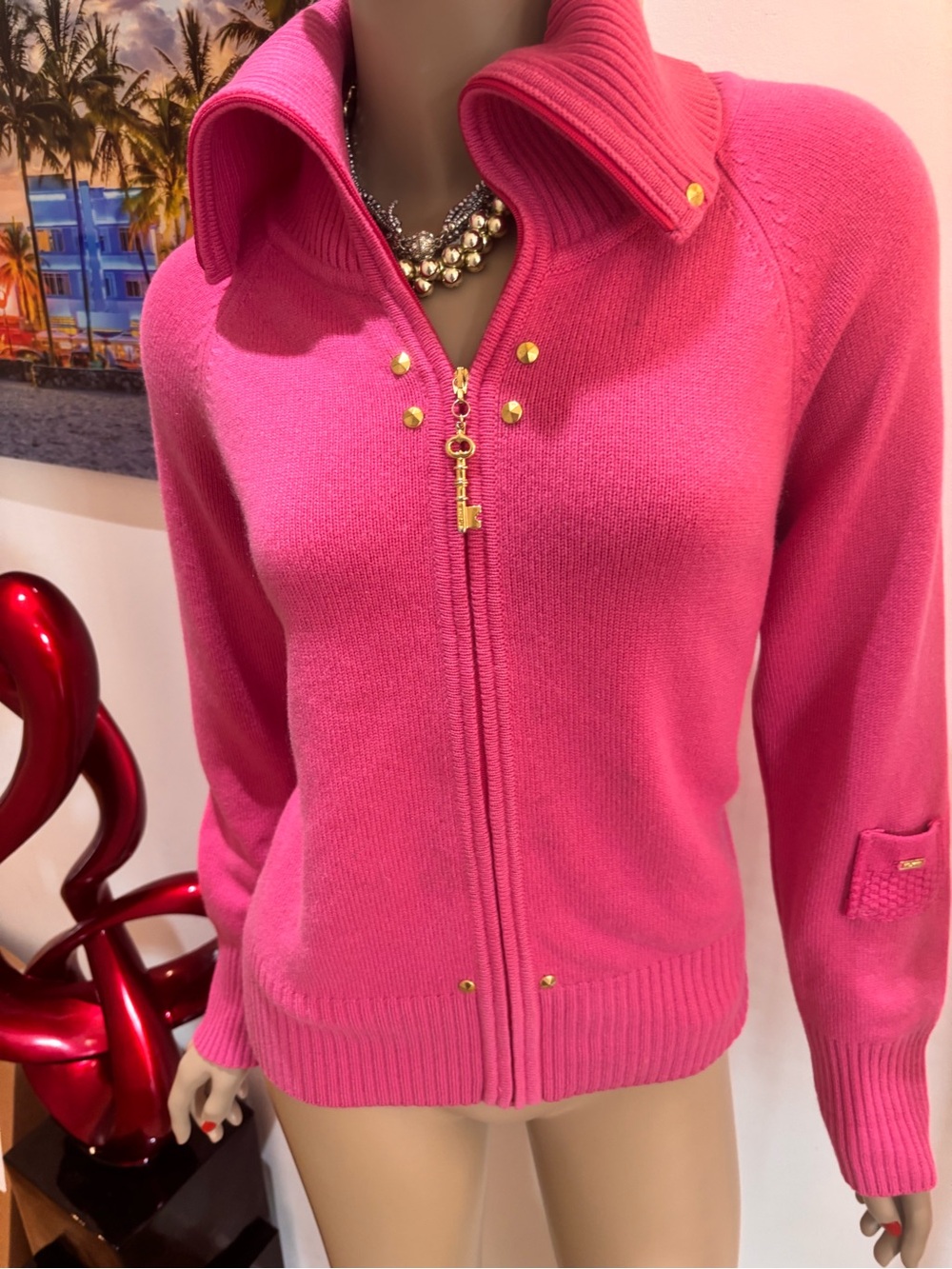 St. John Hot Pink Zip-Front 100% cashmere Cardigan with Gold Hardware S - Picture 2 of 5